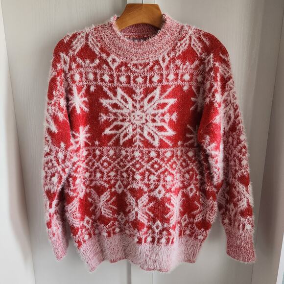 Fair Isle Nordic Style Sweater Cozy Christmas Snowflake Red White Women's Medium - Picture 2 of 6